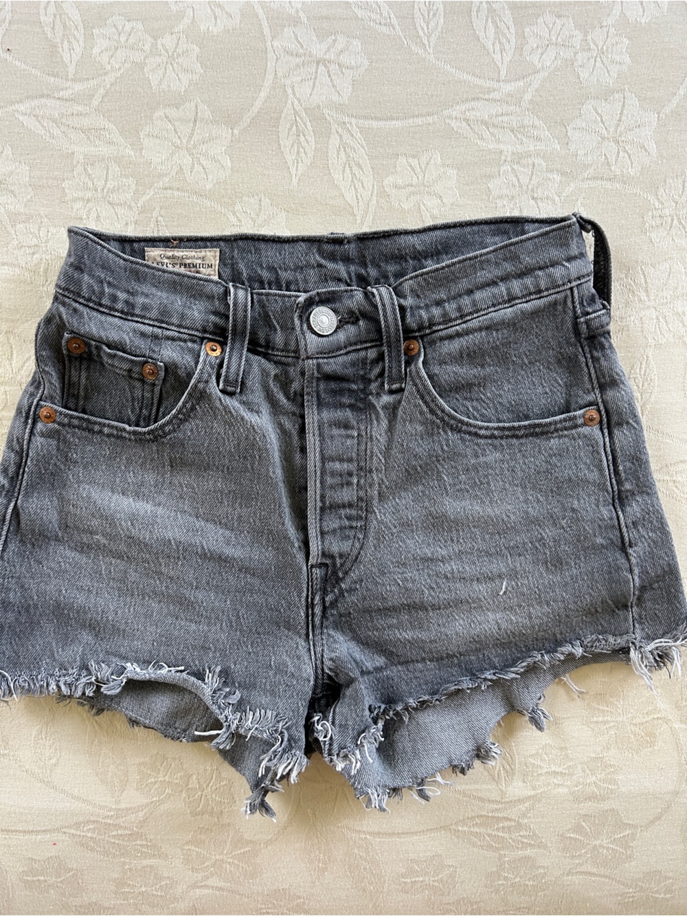 Levi's Blackwashed Frayed Hem Cropped Denim Shorts